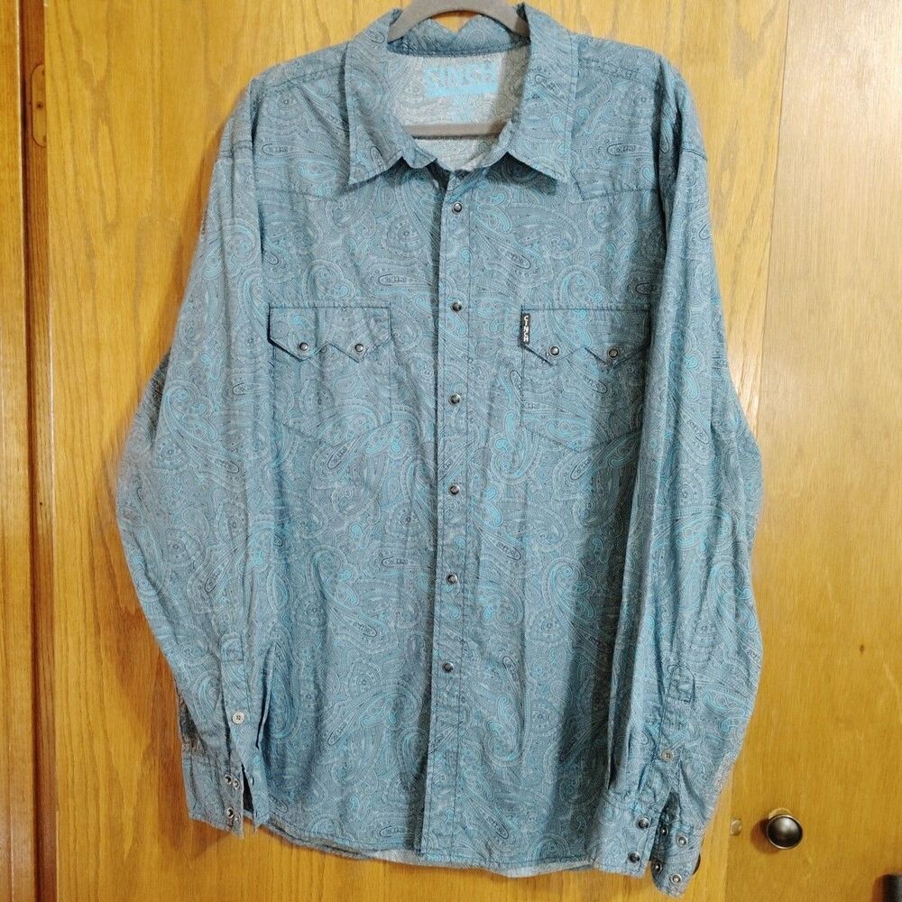 Cinch Shirt XXL Button Up Long Sleeve Pockets Paisley Blue Modern Fit Snap